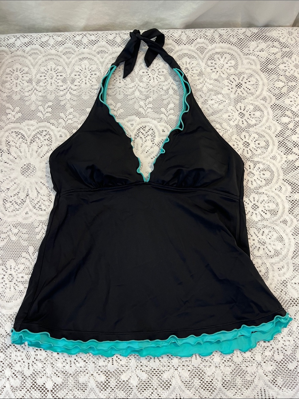 Caribbean Joe Black Halter Tankini Top with Teal Ruffle Trim L